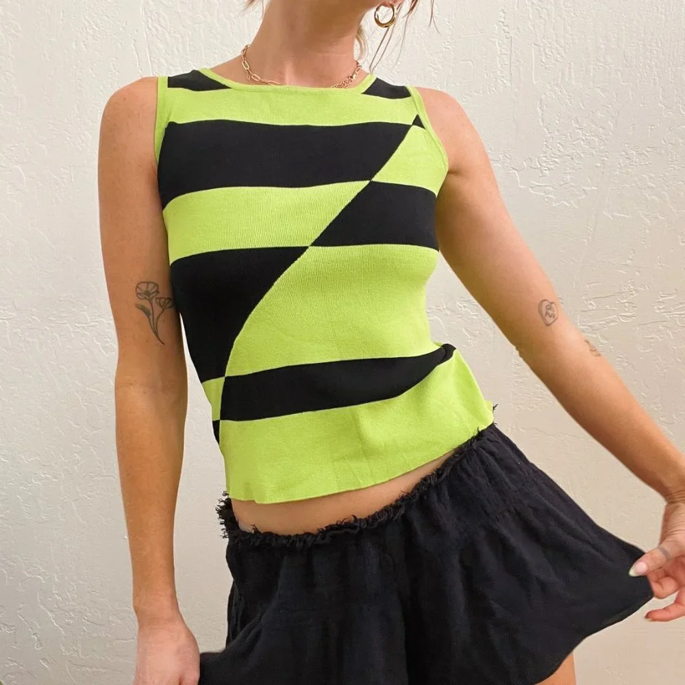 Y2K Lime Green Black Funky Abstract Knit Sleeveless Top - Picture 7 of 8